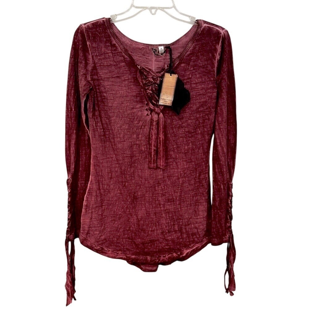 Black Swan Distressed Lace Up Top Women's S Burgundy Whimsigoth Witchy Goth - Picture 1 of 7